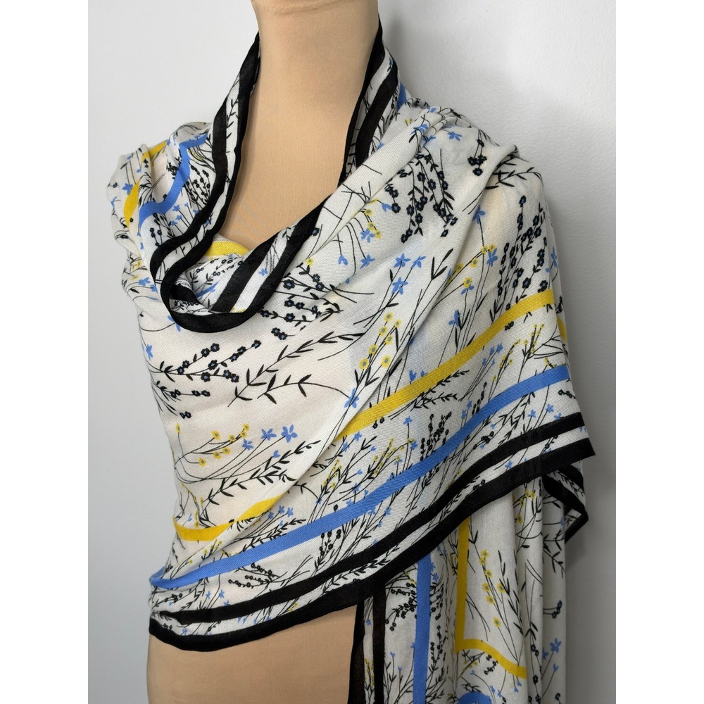 Talbots Scarf OS Floral Stripe Viscose Frayed Edge Wrap Shawl Blue White Boho
